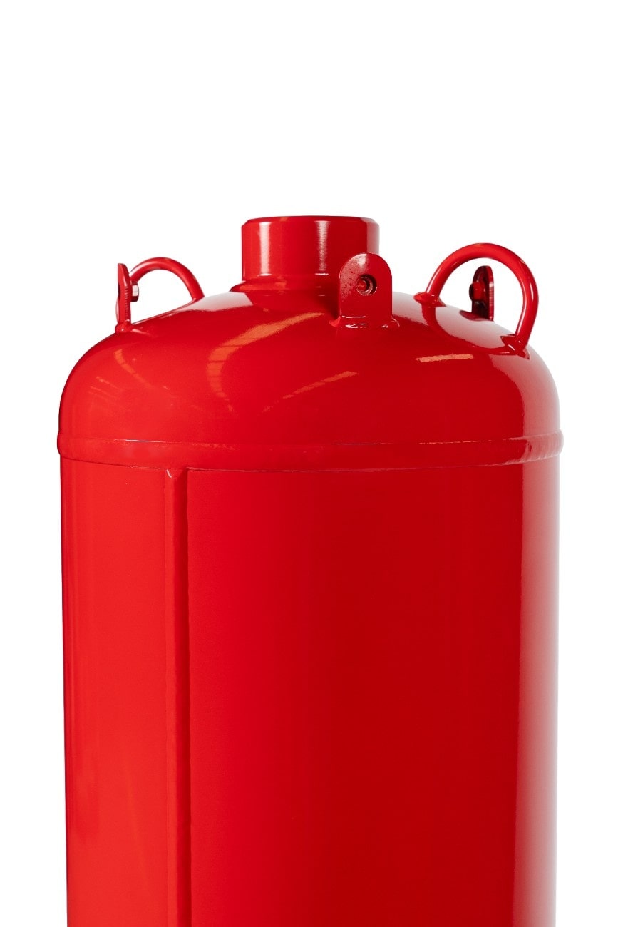 Agnitar 147 LT FM-200 (HFC-227ea) / Novec 1230 (FK-5-1-12) Fire Suppression System Cylinder. Red cylindrical tank with two handles on a white background. HFC227ea, HFC227, FK5112 clean agent cylinders.