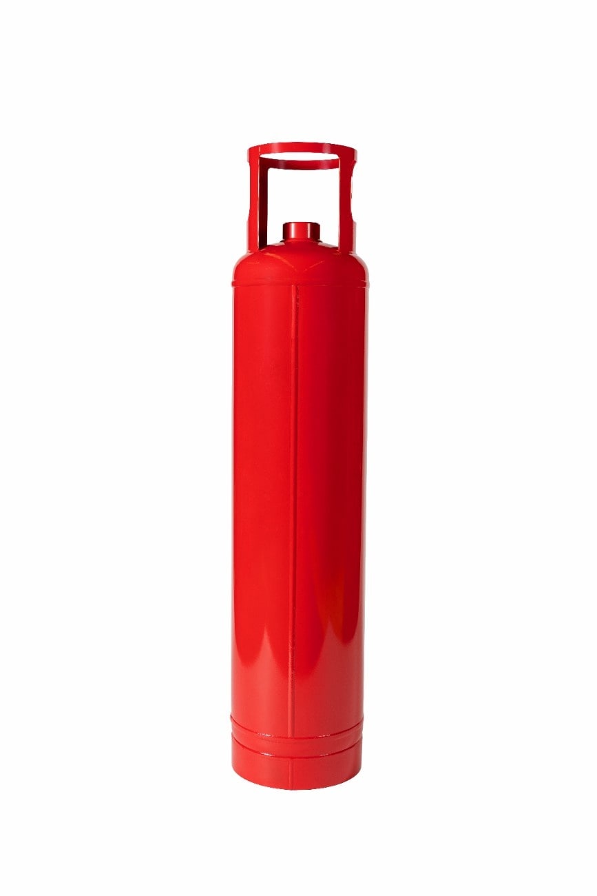 Agnitar 180 LT FM-200 HFC-227ea Novec 1230_FK-5-1-12 Fire Suppression System Cylinder. Red fire suppression system tank on a white background. HFC227ea, HFC227, HFC-227ea, FK5112 fire suppression system cylinder