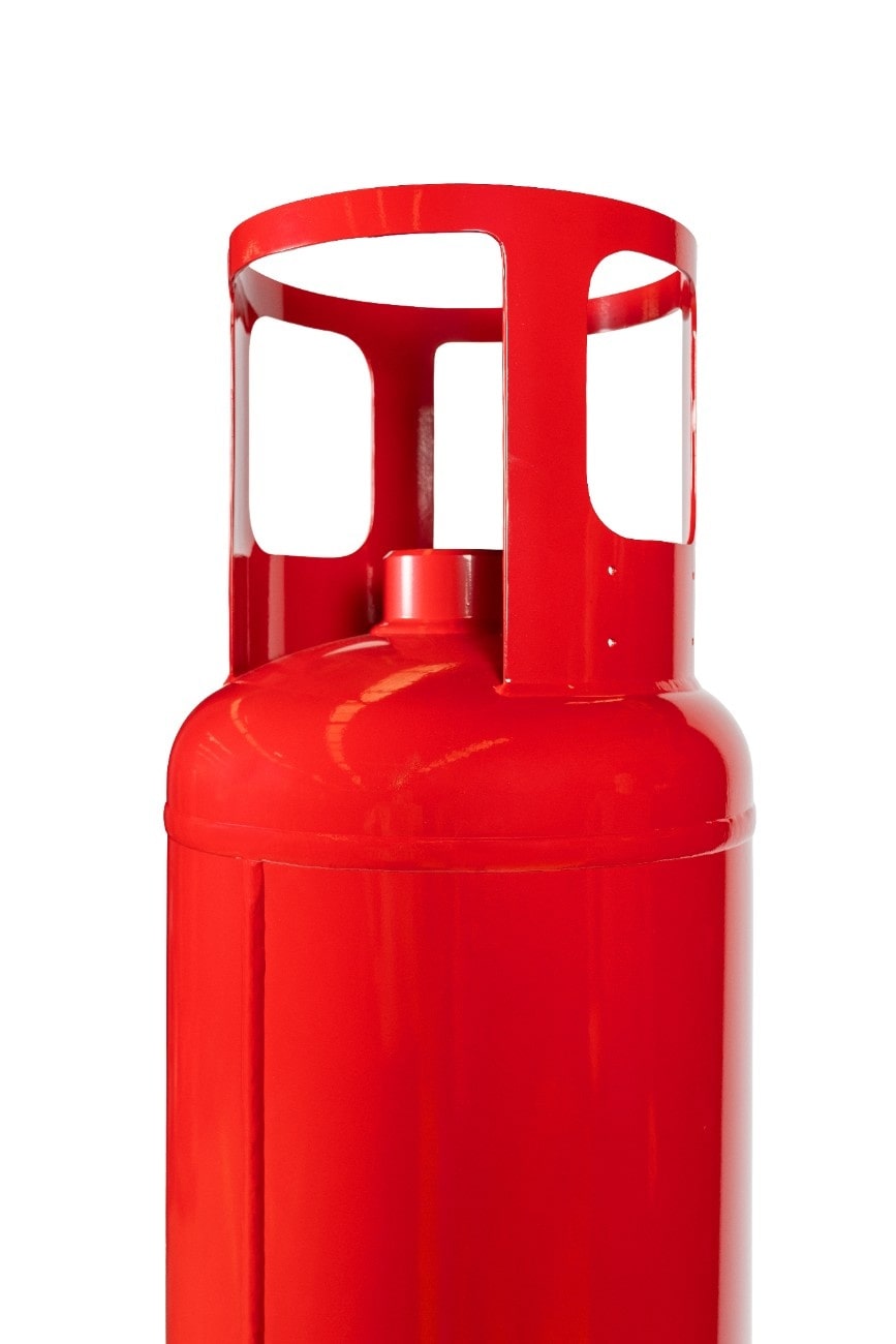 Agnitar 180 LT FM-200 HFC-227ea Novec 1230_FK-5-1-12 Fire Suppression System Cylinder. Red fire suppression system tank on a white background. HFC227ea, HFC227, HFC-227ea, FK5112 fire suppression system cylinder TPED certified approved, Pi-Marked.
