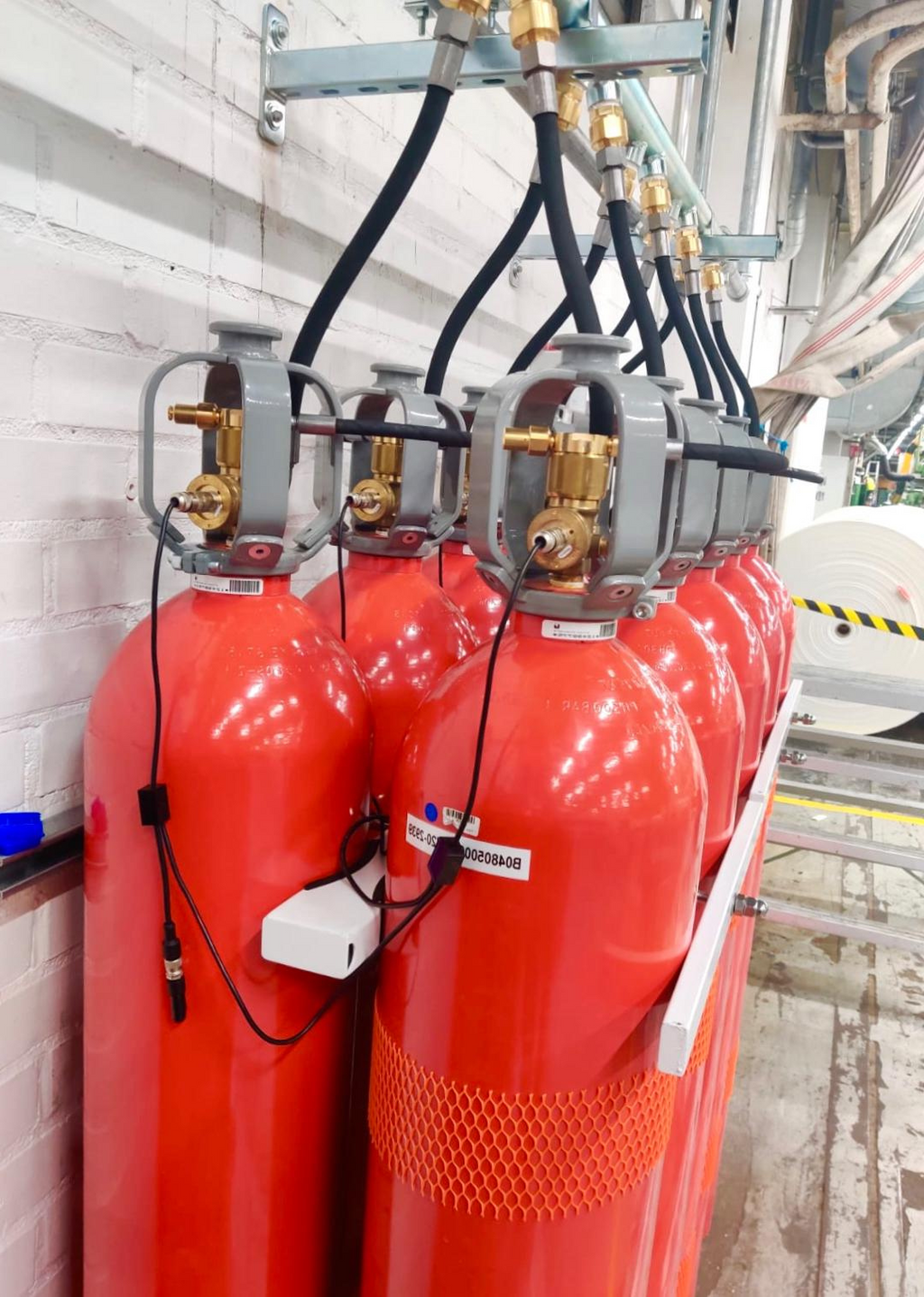 Installed Agnitar CO2 Fire Suppression System – high-pressure carbon dioxide cylinders for local and total flooding.