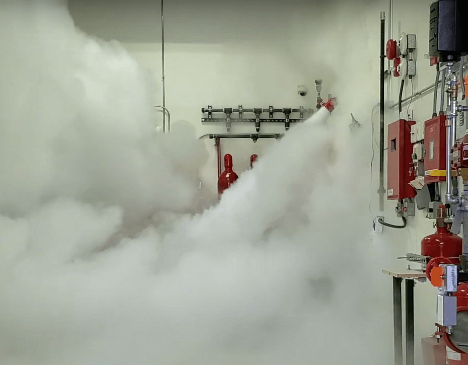 Agnitar CO2 Fire Suppression System discharge – carbon dioxide release for total flooding fire protection.