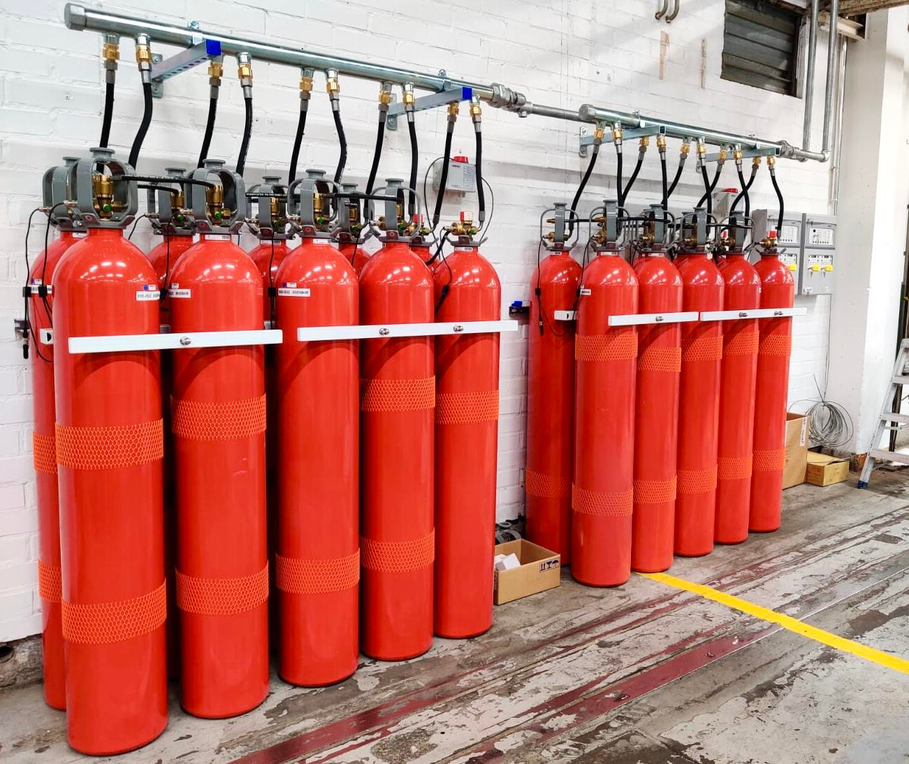 Agnitar CO2 Fire Suppression System – dual installed cylinders for industrial and electrical applications.